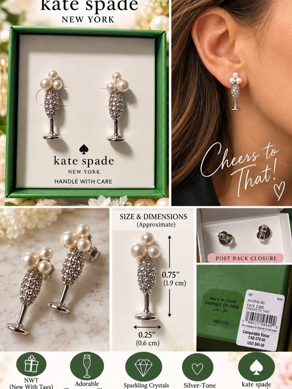 kate spade Silver Champagne Glass Pearl & Crystal Stud Earrings